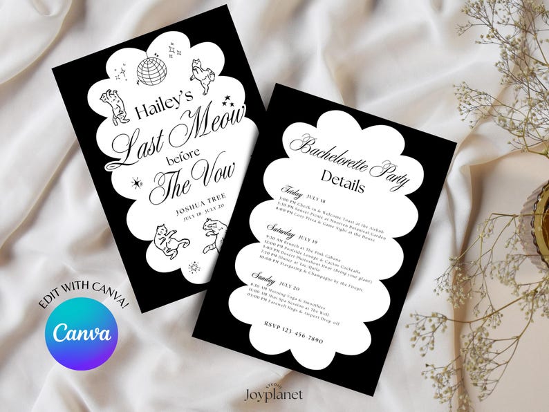 Modern black and white cat bachelorette party invitation with editable Canva design