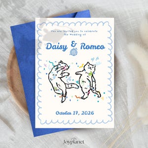 Convite de casamento com gatos dançantes - Cartão desenhado à mão, modelo editável do Canva, convite fofo para festa para impressão, design divertido para salvar a data