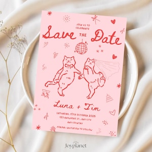 Modèle Boho Save The Date - Faire-part de mariage en toile modifiable, téléchargement immédiat, illustration imprimable dessinée à la main, carte d'illustration de chat