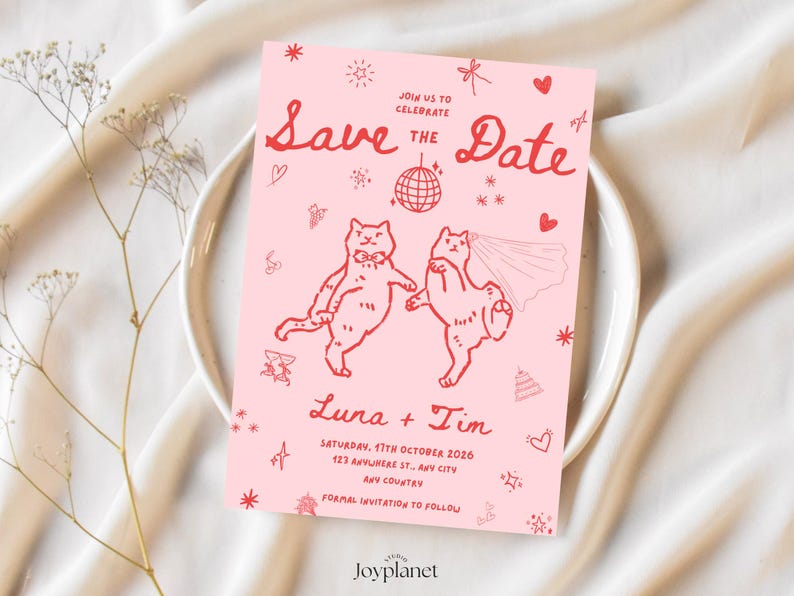 Hand-drawn dancing cat boho save the date invitation on pink background