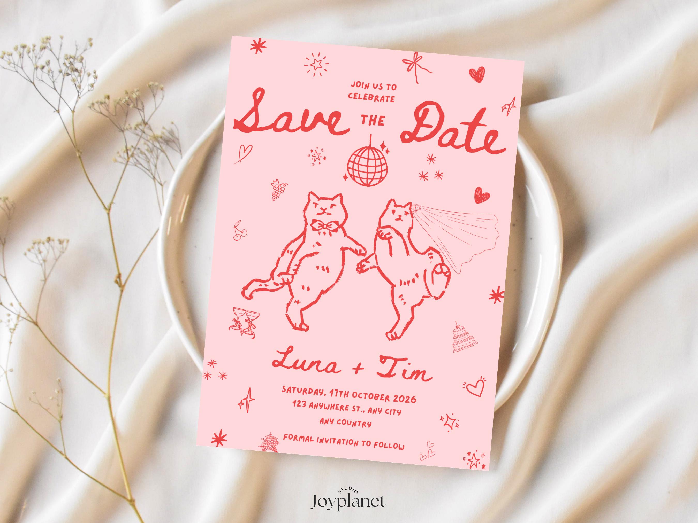 Boho Save The Date Template - Editable Canva Wedding Invitation, Instant Download, Printable, hand-drawn illustration, Cat Illustration card