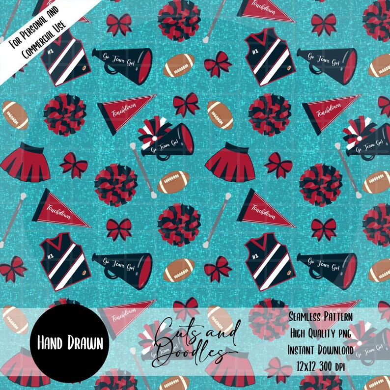 Football & Cheer Hand-drawn Digital Scrapbook Paper, Seamless PNG ...