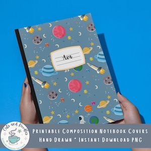 Astronaut Composition Notebook Cover: Hand Drawn Rocket and Space Design, Optional Custom Text, 8x10 PNG