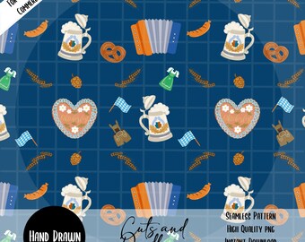 Patrón sin costuras dibujado a mano del Oktoberfest PNG, bandera de cerveza bávara, pretzel, salchicha, galleta, papel digital, 12 x 12, 300 DPI, descarga de manualidades, fondo azul