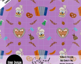 Papel digital PNG de Oktoberfest, patrón de cerveza bávara sin costuras con pretzel, salchicha y banderas, diseño de Oktoberfest dibujado a mano con fondo morado