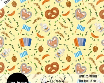 Patrón sin costuras dibujado a mano del Oktoberfest PNG, papel digital con bandera de cerveza bávara, pretzel, salchicha y galleta, 12 x 12, 300 DPI, descarga de manualidades, fondo amarillo