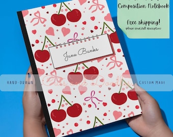 Cahier de composition personnalisé cerises et noeuds : cadeau de rentrée personnalisé