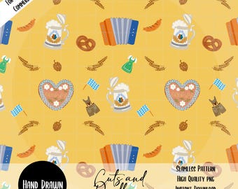 Patrón sin costuras de Oktoberfest dibujado a mano PNG, papel digital de cerveza bávara y pretzel para álbumes de recortes y manualidades, fondo amarillo