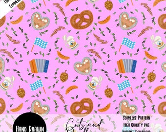Patrón sin costuras de Oktoberfest dibujado a mano PNG, papel digital de cerveza bávara y pretzel para álbumes de recortes y manualidades, fondo rosa