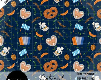 Papel digital PNG de Oktoberfest, patrón de cerveza bávara sin costuras con pretzel, salchicha y banderas, diseño de Oktoberfest dibujado a mano con fondo azul