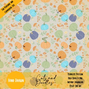 May include: A seamless pattern featuring pumpkins in shades of orange, blue, green, and purple, along with mushrooms and floral elements. The design includes the text "Guts and Doodles" and "Hand Drawn".