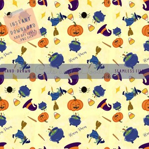 May include: A seamless pattern featuring Halloween-themed illustrations. The design includes orange pumpkins, witch hats, cauldrons, candy corn, spiders, and witch figures on a light yellow background. The words "Instant Download" and "Hocus Pocus" are also visible.