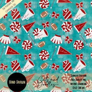May include: Seamless pattern featuring cheerleading and football elements in red and white on a teal background. Includes pom-poms, megaphones, footballs, bows, pennants, and cheerleading uniforms. The word "Indiana" is visible on several items. The words "Hand Drawn" are also visible.