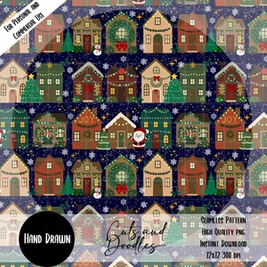 May include: A seamless pattern featuring a repeating design of festive houses decorated for Christmas. The houses are in various colors, adorned with wreaths, lights, and Christmas trees, set against a dark blue background with snowflakes. The words "Hand Drawn" and "Cuts and Doodles" are also visible.