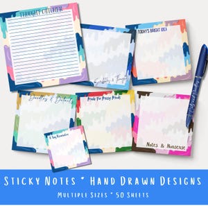 May include: A collection of square and rectangular sticky notes featuring colorful paint drip borders in shades of blue, pink, green, and yellow. The notes include text such as Thought Catcher, Today's Bright Idea, and Doodles & Details, accompanied by a blue pen.