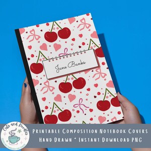 Hand Drawn Coquette Cherry Bow Composition Notebook Cover: Optional Custom Text Label, 8x10 PNG