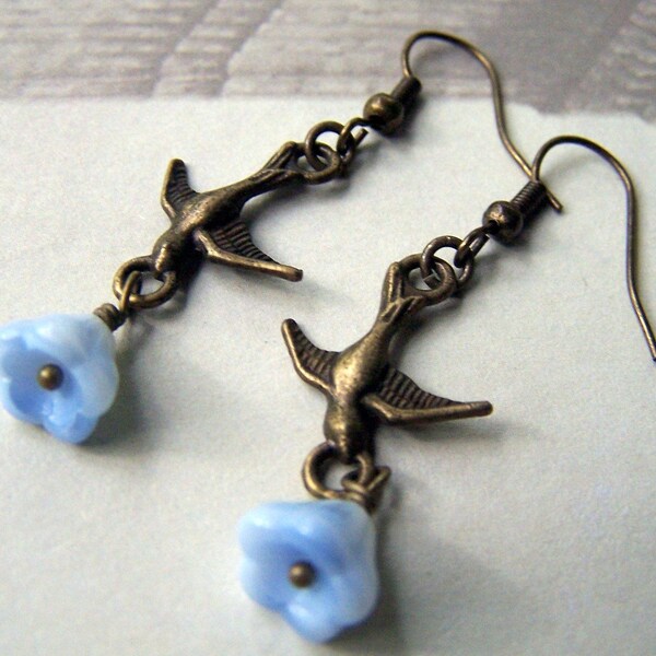 Vintage Bird Earrings Neo Victorian Jewelry Blue Flower Drop Earrings