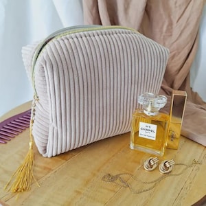 Women&#39;s Beige Corduroy Toiletry Bag, Liberty Floral Cotton Lining | Travel and Makeup Bag, Gift Idea