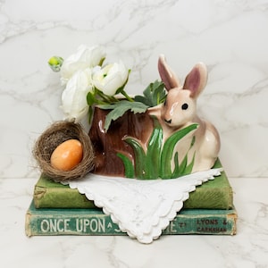Vintage Handmade Ceramic Bunny Rabbit Planter, Cottagecore Easter Decor