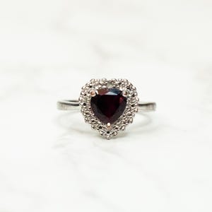 Vintage Red Heart Halo Ring - Size 8 - Romantic CZ Statement Ring