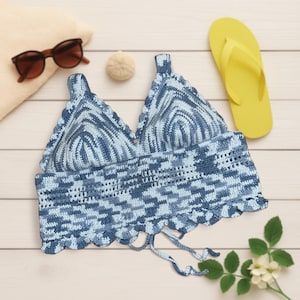 Handmade Crochet Bralette Top – Blue Tie-Dye Style – Boho Festival Crop Top – Soft Cotton Summer Knitwear – XS to XL