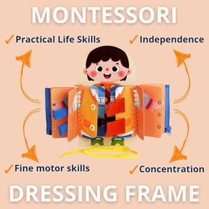Dressing Frame Toddler Montessori - Learn how to dress | Busy Board | educational Toys | Zipper Buttons Snaps Lacing Velcro