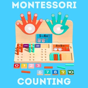 May include: Wooden Montessori counting board with the words "MONTESSORI" and "COUNTING" in white. The board features colorful number blocks, math problems, and hand-shaped cutouts. The colors include orange, green, and blue.