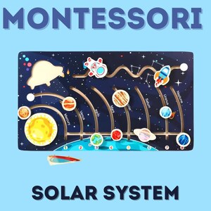 May include: A wooden Montessori solar system toy with a black background and colorful planets. The planets are labeled with their names: Mercury, Venus, Earth, Mars, Jupiter, Saturn, Uranus, and Neptune. The toy also includes a rocket and a spaceship.