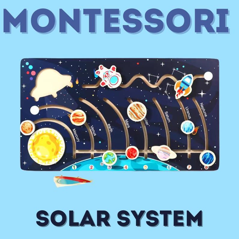 May include: A wooden Montessori solar system toy with a black background and colorful planets. The planets are labeled with their names: Mercury, Venus, Earth, Mars, Jupiter, Saturn, Uranus, and Neptune. The toy also includes a rocket and a spaceship.