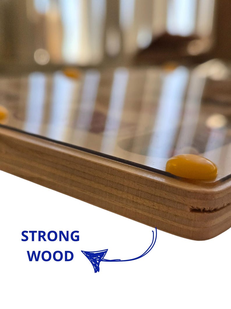 Close up of the edge of a wooden frame with a clear glass top. The wood is light brown and has a natural grain. Strong wood eco safe materials