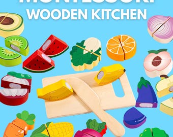 Montessori Wooden Kitchen Set | Educational Cutting Fruits Vegetables | Pretend Toy | Simulation Food Set | Sensory Gift for 2 3 4 year old