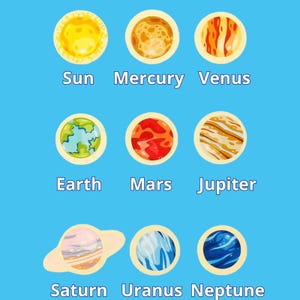 May include: A colorful illustration of the planets in our solar system. The planets are depicted in a circle with their names written below them. The planets are shown in order from the sun: Sun, Mercury, Venus, Earth, Mars, Jupiter, Saturn, Uranus, and Neptune.