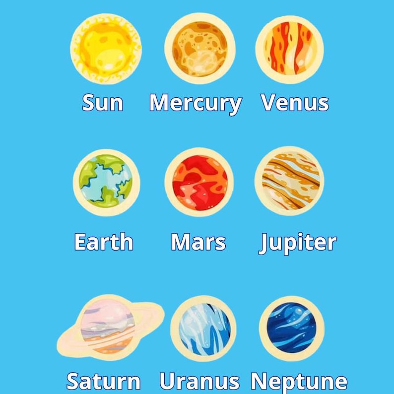 May include: A colorful illustration of the planets in our solar system. The planets are depicted in a circle with their names written below them. The planets are shown in order from the sun: Sun, Mercury, Venus, Earth, Mars, Jupiter, Saturn, Uranus, and Neptune.