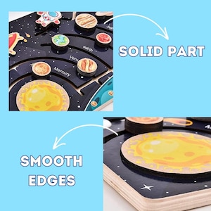 May include: A wooden solar system toy with planets that can be moved around a black board. The planets are painted with realistic colors and details. The toy has smooth edges and is made of solid wood.