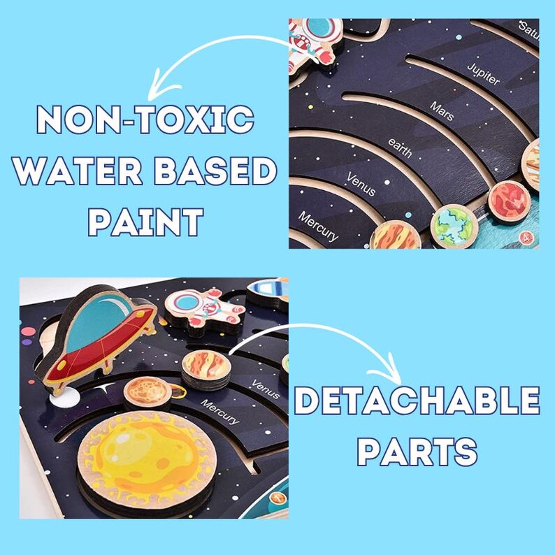 May include: A wooden solar system toy with detachable planets and an astronaut. The planets are painted in bright colors and the toy is made with non-toxic water-based paint.