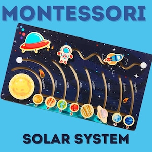 May include: A wooden Montessori solar system toy with a blue background. The toy features a spaceship, an astronaut, and the planets Mercury, Venus, Earth, Mars, Jupiter, Saturn, Uranus, and Neptune. The planets are arranged in order of their distance from the sun. The toy is designed to help children learn about the solar system.