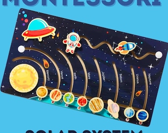 May include: A wooden Montessori solar system toy with a blue background. The toy features a spaceship, an astronaut, and the planets Mercury, Venus, Earth, Mars, Jupiter, Saturn, Uranus, and Neptune. The planets are arranged in order of their distance from the sun. The toy is designed to help children learn about the solar system.