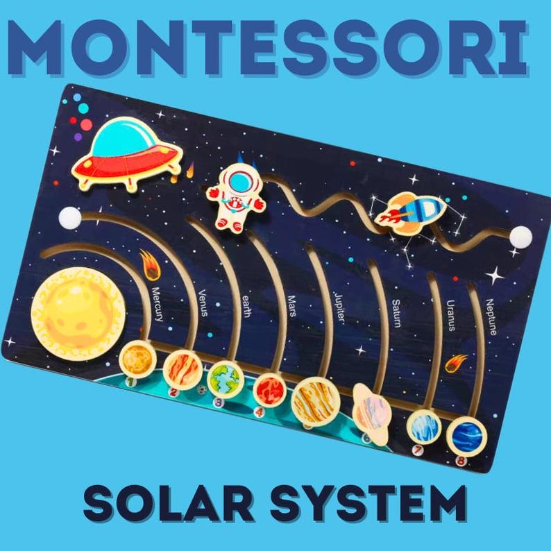 May include: A wooden Montessori solar system toy with a blue background. The toy features a spaceship, an astronaut, and the planets Mercury, Venus, Earth, Mars, Jupiter, Saturn, Uranus, and Neptune. The planets are arranged in order of their distance from the sun. The toy is designed to help children learn about the solar system.
