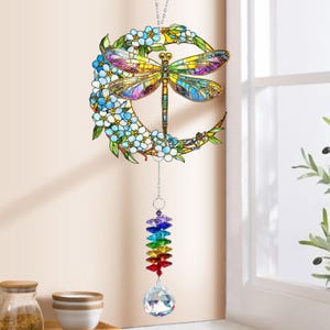 Dragonfly ACRYLIC Suncatcher with Crystal, Dragonfly Flower Window Hanging, Dragonfly Moon Decor, Dragonfly Ornament, Floral Suncatcher