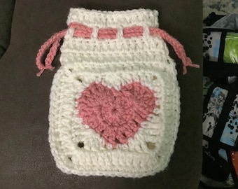 Valentine crocheted heart drawstring gift bag