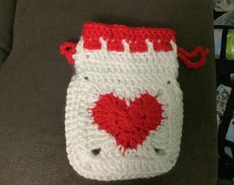 Valentine crocheted heart drawstring gift bag