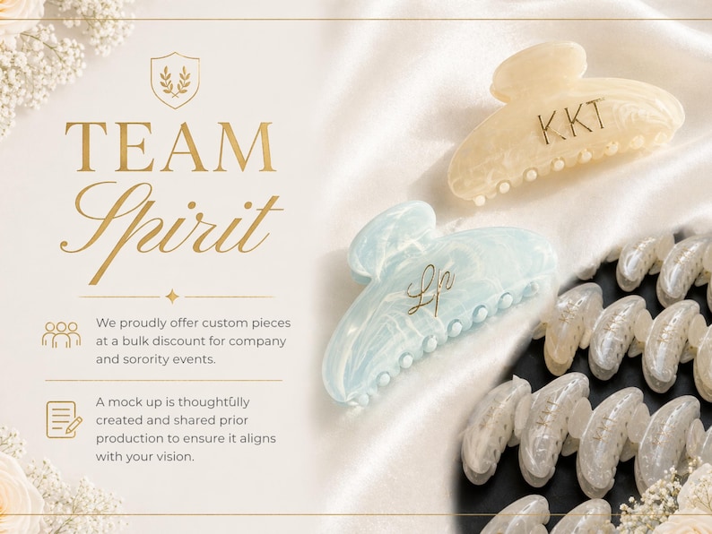 Może przedstawiać: Dwie marmurkowe spinki do włos&oacute;w, jedna kremowa z napisem KKT i jedna jasnoniebieska z napisem LP, obok tekstu TEAM Spirit, We proudly offer custom pieces at a bulk discount for company and sorority events, oraz A mock up is thoughtfully created.