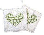 Handmade Quilted Potholder - Green Heart Design, Kitchen Essential