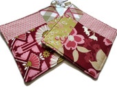 Pink - Art Deco & Floral Quilted Potholder Set - Handmade Hostess Gift