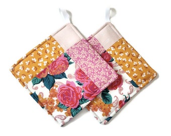 Modern Retro Floral | Quilted Potholder Set | Handmade Kitchen Decor