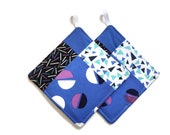 Bright Geometric Print | Quilted Potholder Set | Handmade Kitchen Decor | Blue Moons