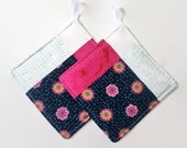 Modern Retro Floral | Quilted Potholder Set | Handmade Kitchen Decor | Blue Daisies