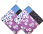 Bright Geometric Print | Quilted Potholder Set | Handmade Kitchen Decor | Purple Blooms