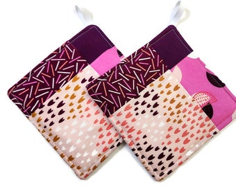 Bright Geometric Print | Quilted Potholder Set | Handmade Kitchen Decor | Purple & Pink