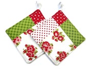 Vintage Modern | Floral Quilted Potholder Set | Kitchen Essentials - Red Flowers